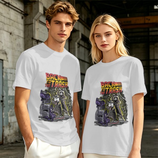 Olive graphic t-shirt with Back to the Trash raccoon design