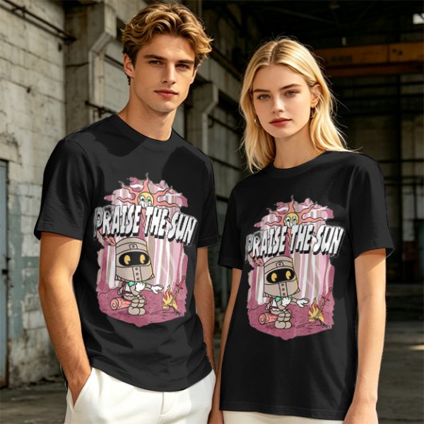 Olive t-shirt with cartoon knight 'Praise the Sun' graphic