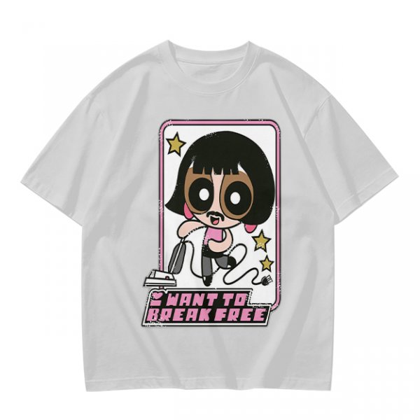Olive green graphic t-shirt with Powerpuff-style character and 'I Want To Break Free' text