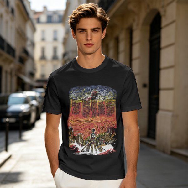 Olive T-shirt with Artistic Swirling Scene Print Featuring a Silhouetted Figure
