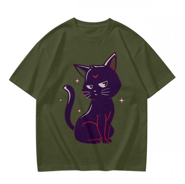 Olive T-Shirt with Sassy Black Cat and Crescent Moon Graphic