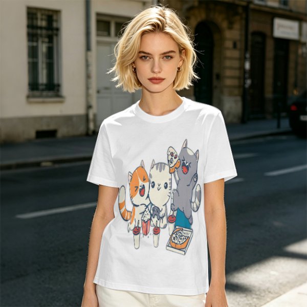 Olive T-Shirt With Cute Cats Enjoying Pizza And Snacks Print