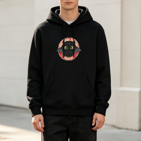 Black hoodie featuring Toothless the dragon emotional support design