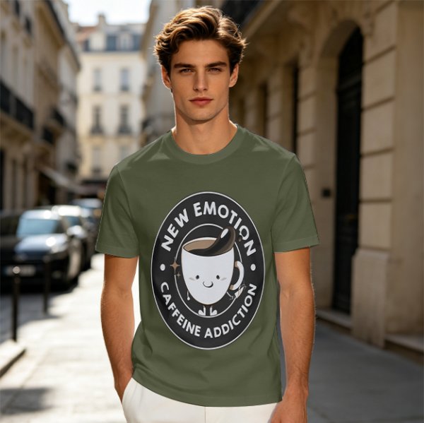 Olive t-shirt with 'New Emotion Caffeine Addiction' coffee cup graphic