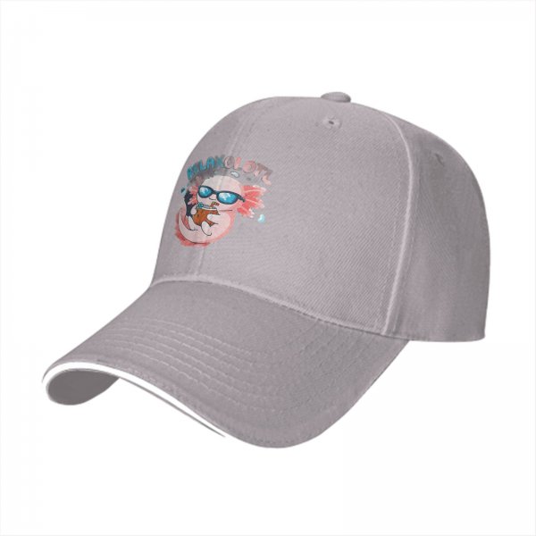 Black baseball cap with a relaxed axolotl graphic and 'RELAXOLOTL' text