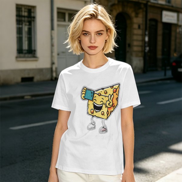Olive T-shirt with a cartoon cheese taking a selfie and making a peace sign