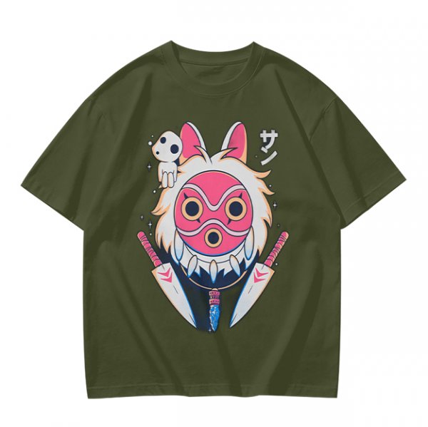 Olive T-Shirt with Princess Mononoke Mask and Kodama Print