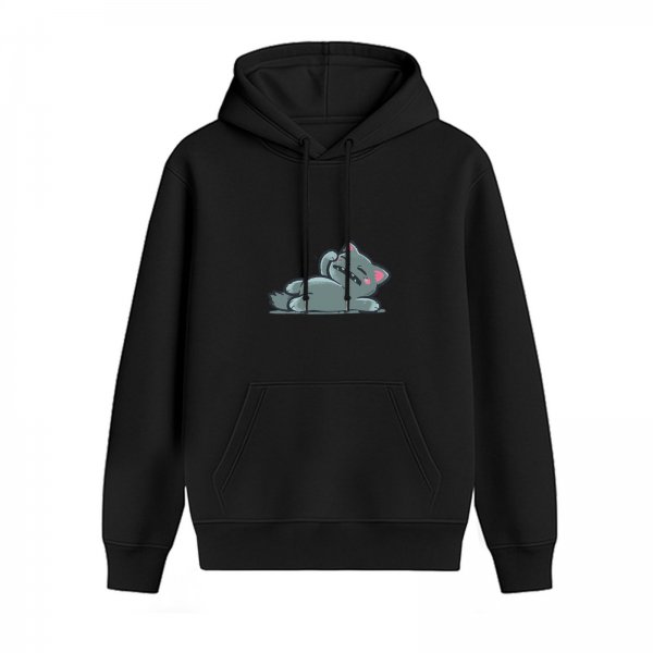Black Hoodie with Cute Yawning Gray Cat Graphic