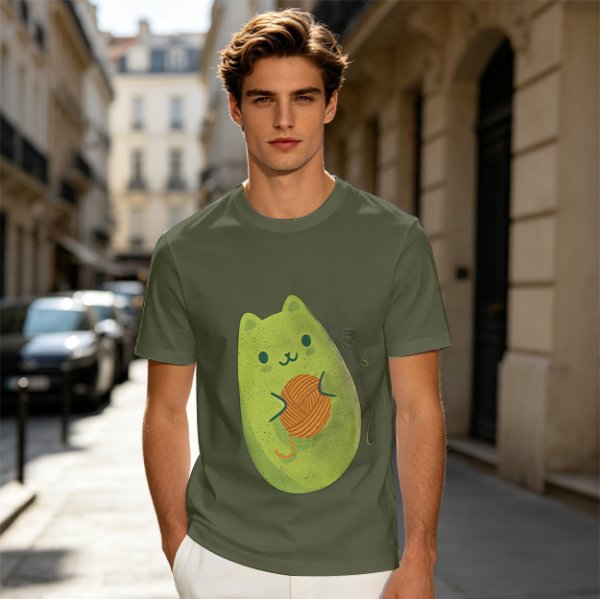 Olive Green T-Shirt With Cute Avocado Cat Holding Yarn Ball Print