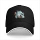 Black baseball cap with dragon and anime character graphic print