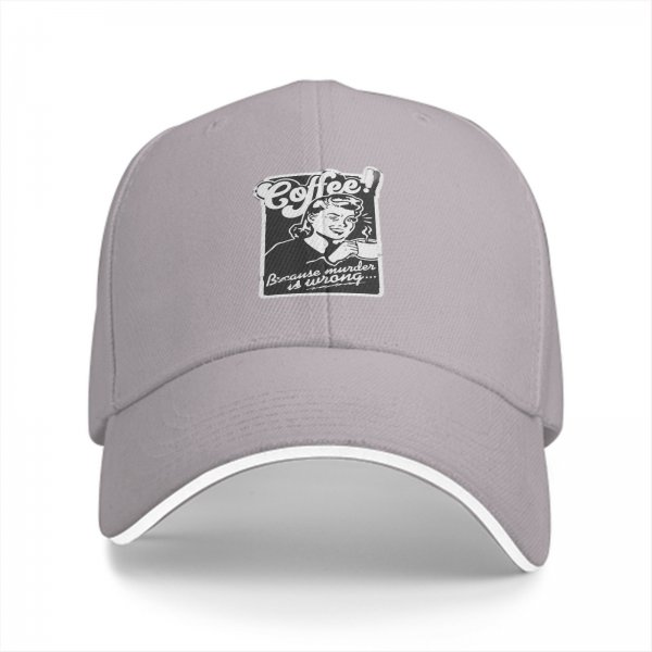 Black baseball cap with 'Coffee! Because murder is wrong' retro print