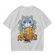 Olive green t-shirt with cute gray cat holding taiyaki graphic