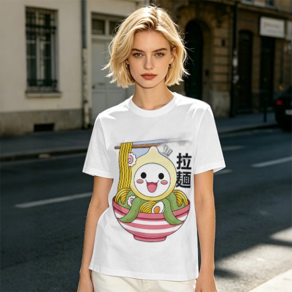 Owl-like character in ramen bowl graphic olive green t-shirt