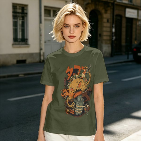 Olive T-shirt with Monster Burger and Japanese Graphic Print