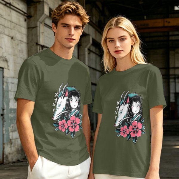 Olive T-shirt with Spirited Away Haku and Chihiro Anime Art Print