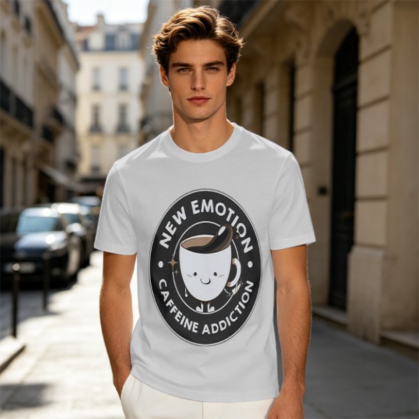 Olive t-shirt with 'New Emotion Caffeine Addiction' coffee cup graphic