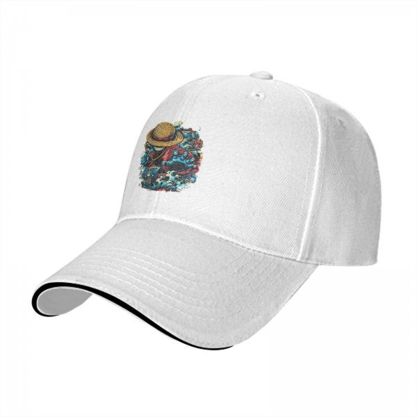 Black Baseball Cap with One Piece Straw Hat Pirate Graphic