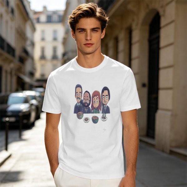 Olive T-shirt with Cartoon Group of Four People and Bowls Print