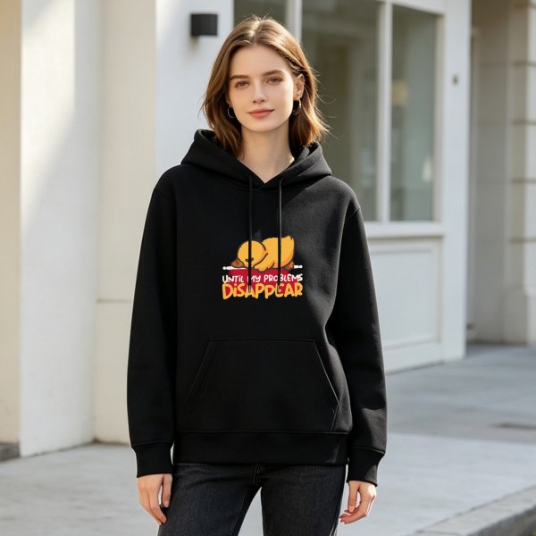 Black hoodie with sleeping duck graphic and 'Until My Problems Disappear' text