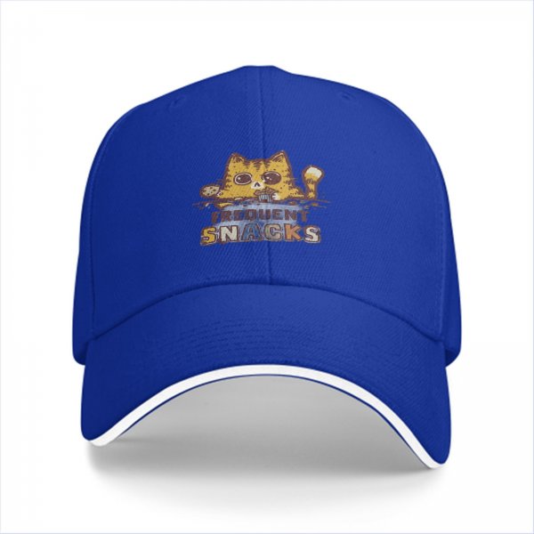 Black baseball cap with a hungry cat graphic and frequent snacks text