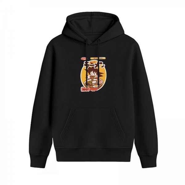 Black hoodie with anime character eating ramen graphic