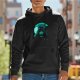 Black hoodie with glowing cat and umbrella graphic design