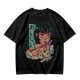 Olive anime graphic t-shirt with girl eating ramen and Japanese text