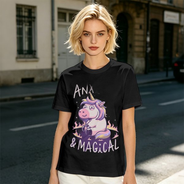 Anxious Magical Unicorn Graphic Olive T-Shirt