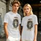Olive green graphic t-shirt with 'cats were never from earth' alien and cat print
