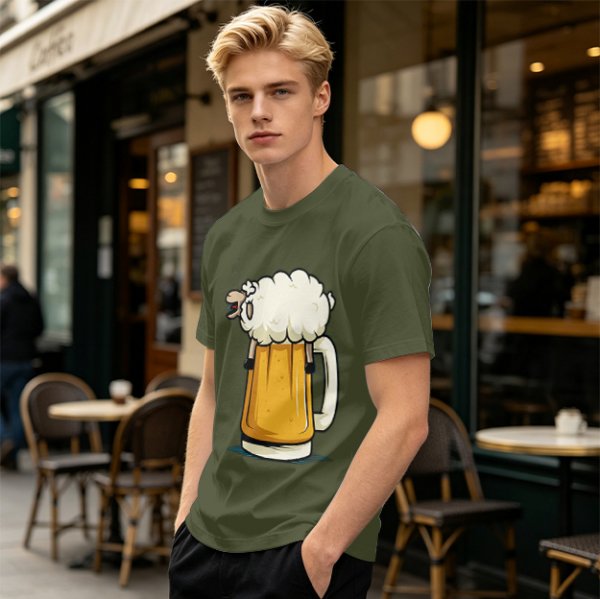 Olive Green T-Shirt With Funny Sheep Beer Mug Graphic