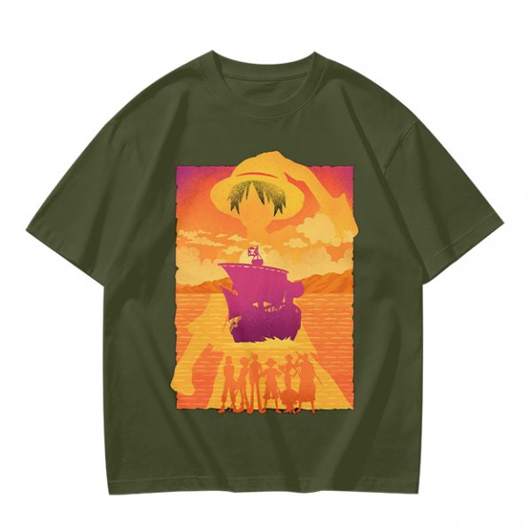 One Piece Straw Hat Crew Sunset Pirate Ship Graphic T-Shirt