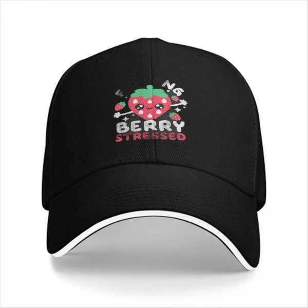 Black baseball cap with 'Berry Stressed' crying strawberry graphic