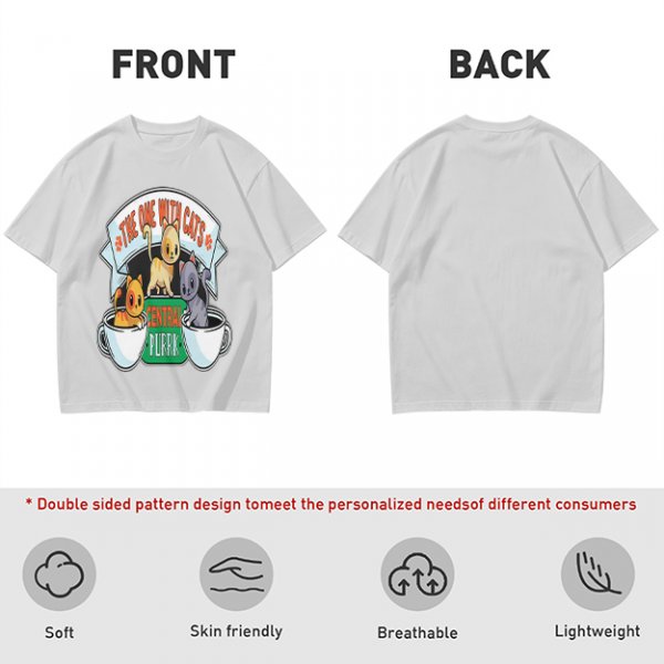 Olive green t-shirt with cat coffee cup graphic and playful text design