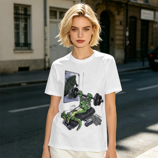 Olive T-shirt with cartoon lizard bench pressing weights in gym mirror