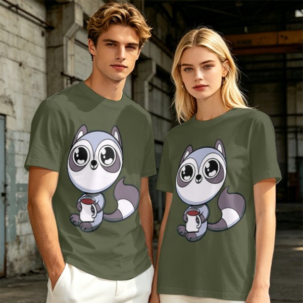 Olive T-Shirt with Cute Raccoon Holding Coffee Mug Print