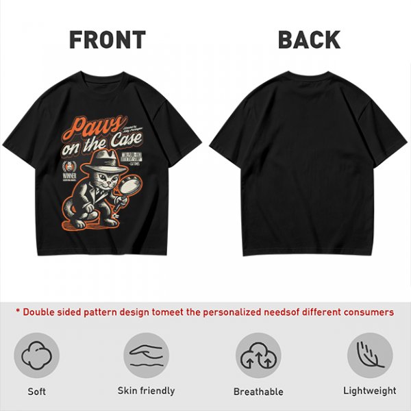 Olive t-shirt with detective cat 'Paws on the Case' graphic