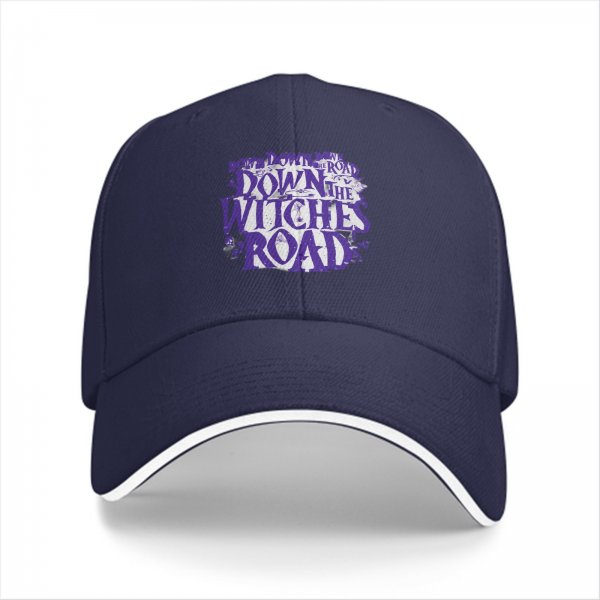 Black baseball cap with 'Down the Witches Road' Halloween themed print