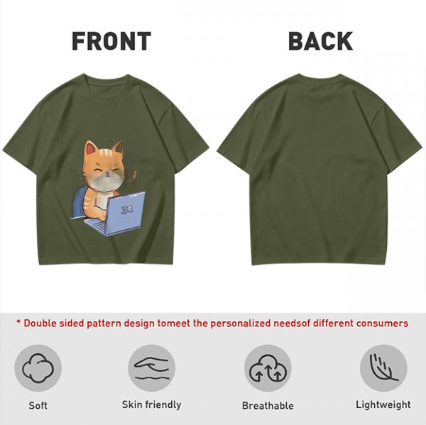 Olive T-Shirt With Cute Orange Cat Working On Laptop Print