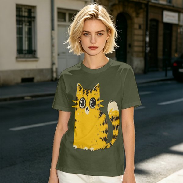 Olive Green T-Shirt With Cute Surprised Yellow Tabby Cat Graphic