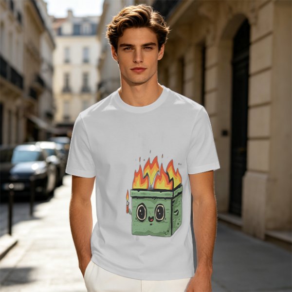 Olive green t-shirt with a cartoon burning box graphic