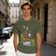 Olive T-shirt with fantasy characters balancing on a log over a stream