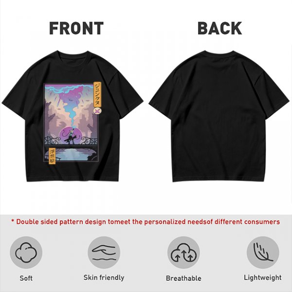 Olive T-shirt with Cyberpunk City Bridge Character Art Print