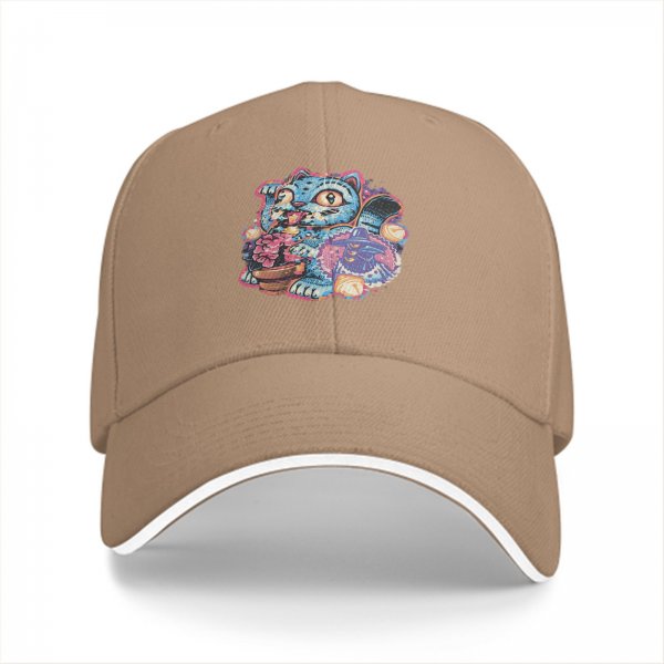 Black Baseball Cap With Whimsical Blue Cat Art Print