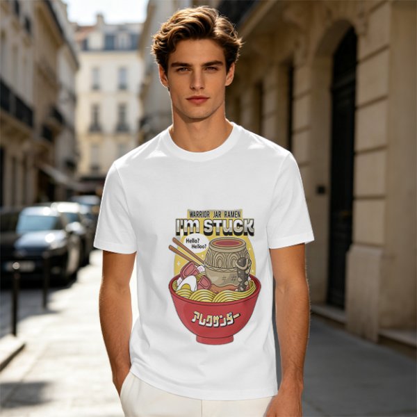 Olive graphic tee with ramen bowl and stuck jar print