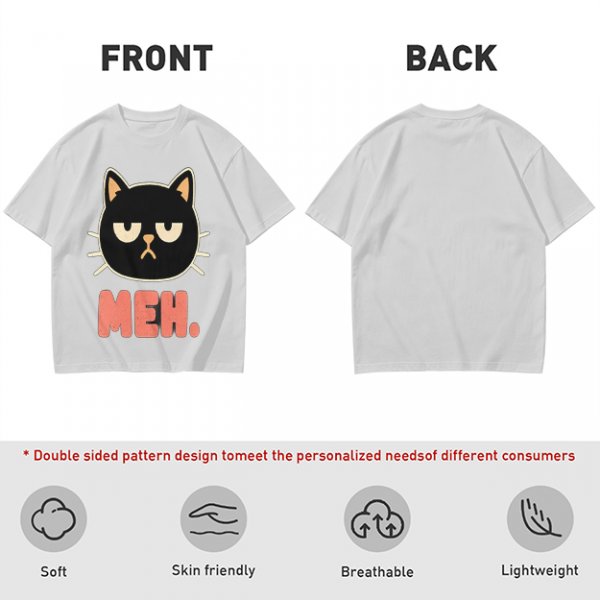 Olive T-Shirt With Grumpy Black Cat Meh Graphic Print