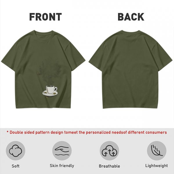 Olive Green T-Shirt with Steaming Coffee Cup Print