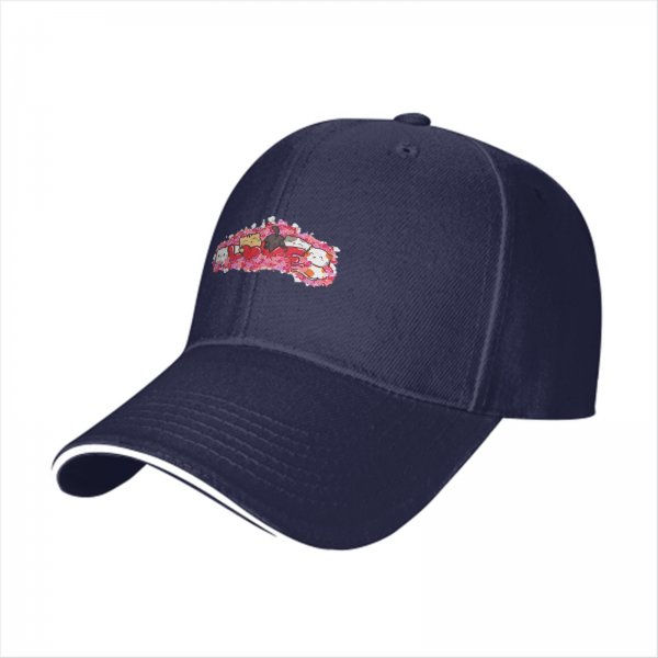 Black baseball cap with cute cat and pink floral graphic