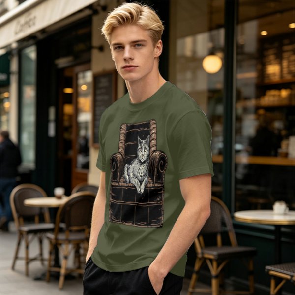 Olive Green T-Shirt With Cat In Armchair Graphic Print