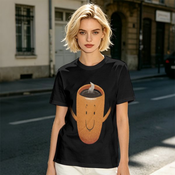Olive Green T-Shirt With Happy Steaming Coffee Cup Graphic
