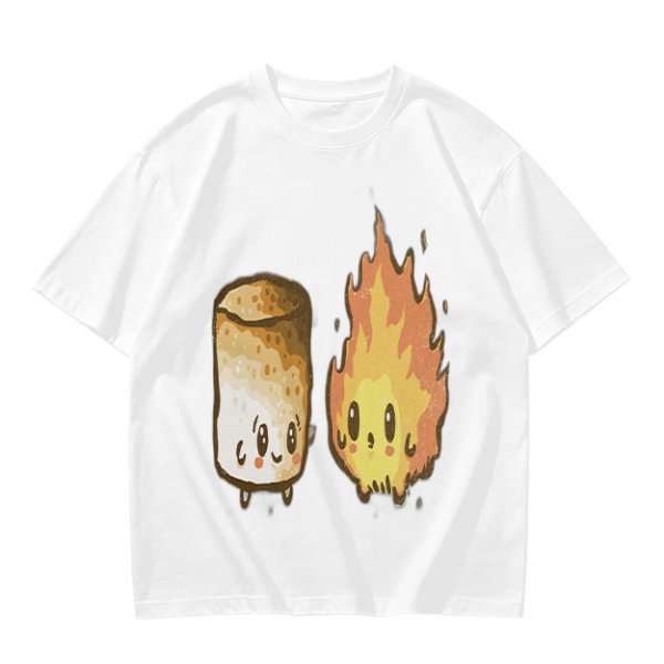 Olive T-Shirt With Cute Roasted Marshmallow And Fire Graphic